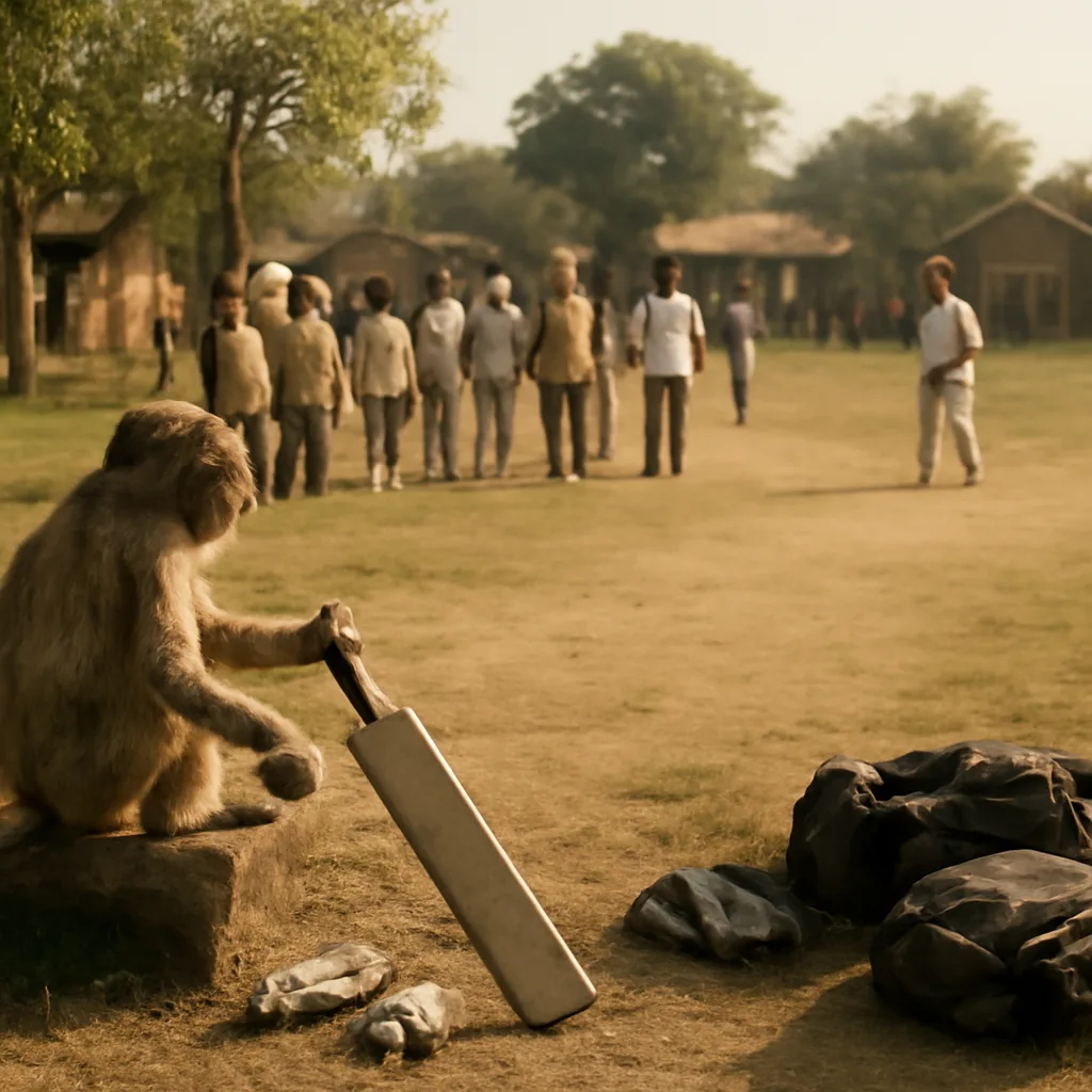 A monkey perched on a low tree branch near a village cricket field with bats and bags scattered on the ground and players standing at a distance.