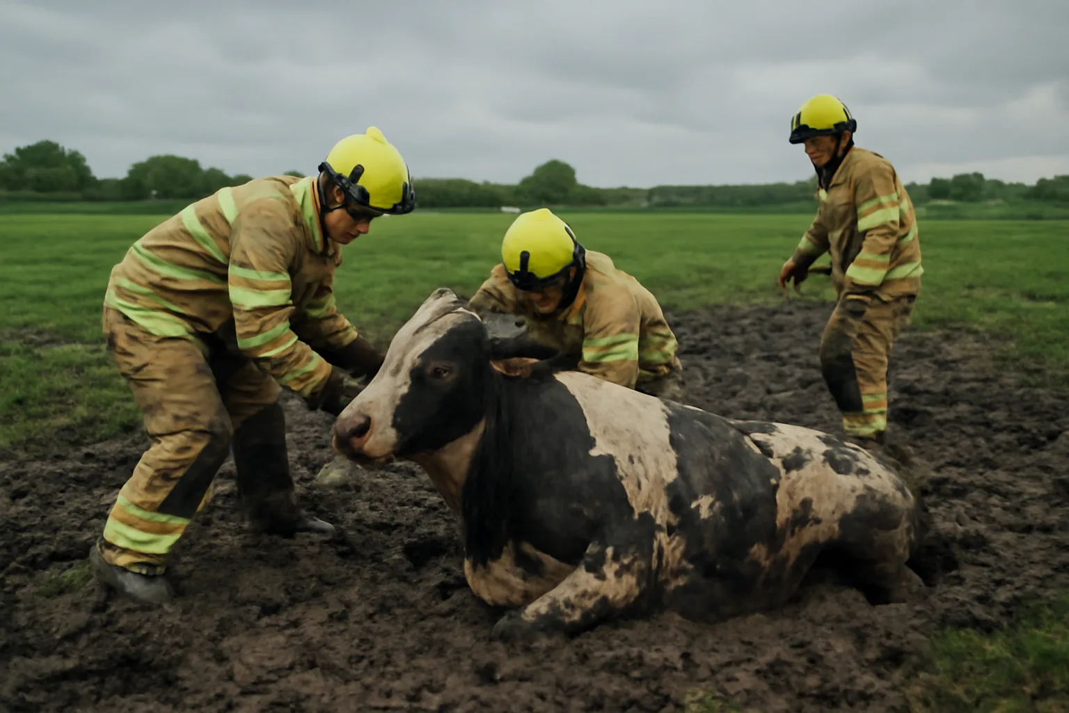 firefighters in reflective gear rescuing a cow trapped in mud in an English countryside field