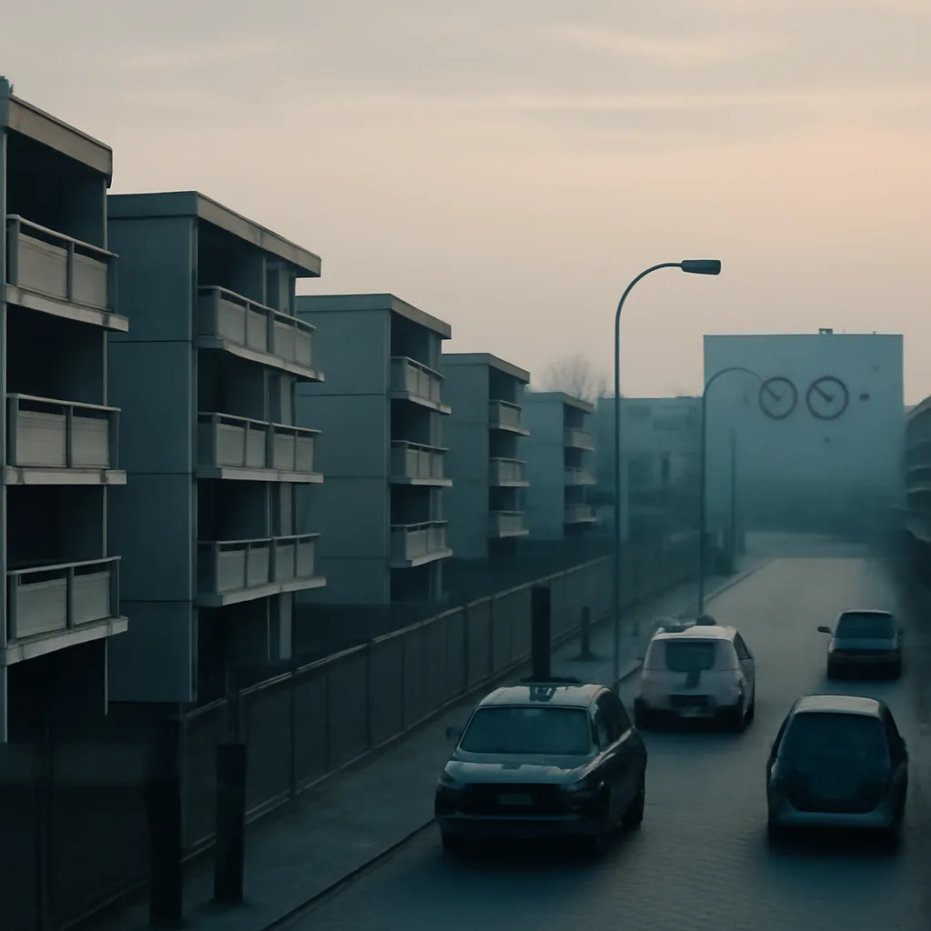 The Munich Olympic Village exterior at dawn in 1972: low-rise athlete housing blocks, security fencing, and emergency vehicles parked nearby, capturing a tense, somber atmosphere without showing identifiable faces.