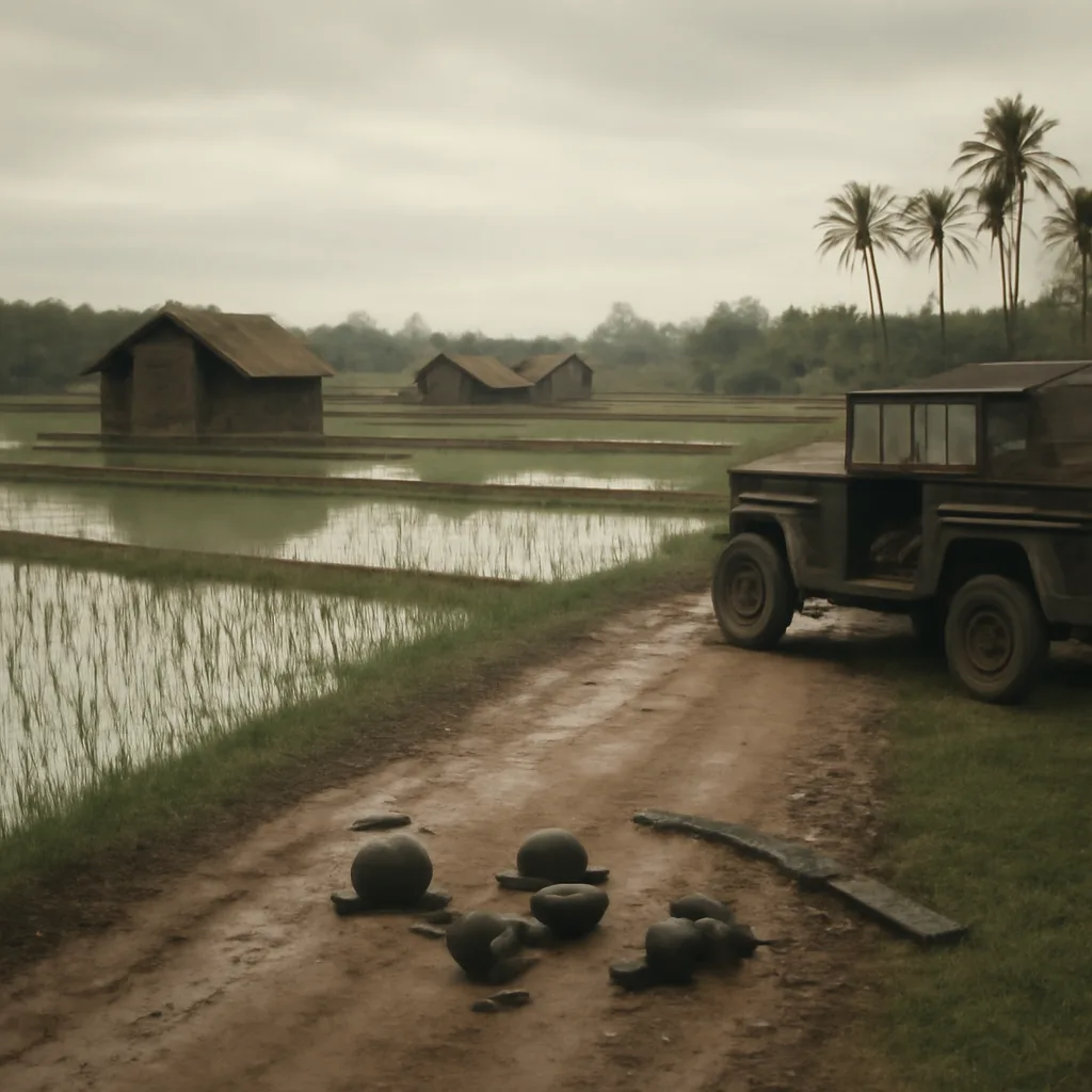 Vietnamese countryside near My Lai showing rice paddies, a damaged hamlet, and soldiers' equipment abandoned on a dirt road, circa late 1960s; no identifiable faces.