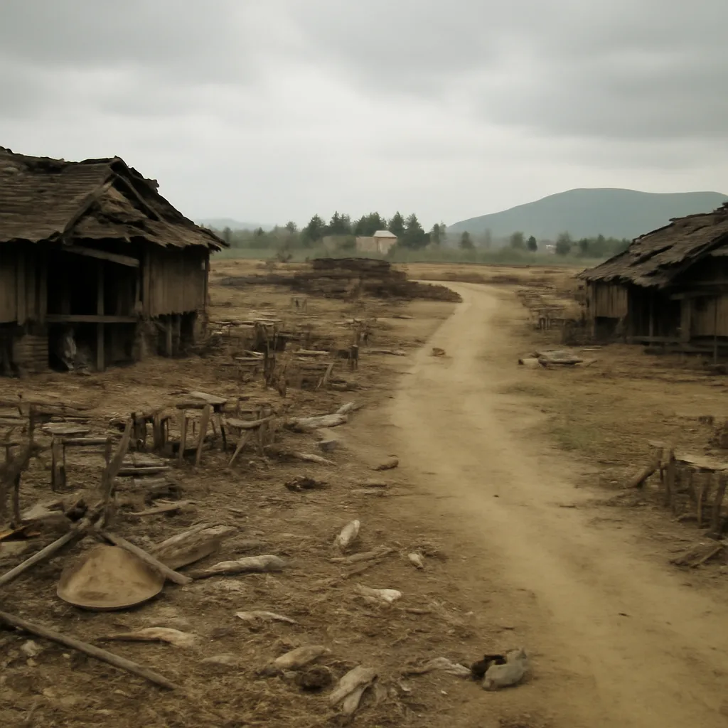 Rural Vietnamese landscape of 1968 with damaged structures and scattered debris, rice paddies and simple wooden homes; empty dirt road leading into a village, somber, historically respectful.