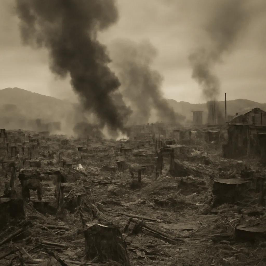 Ruined urban landscape of Nagasaki after the August 9, 1945 bombing: collapsed buildings, collapsed infrastructure, and smoke rising over a hilly industrial district.