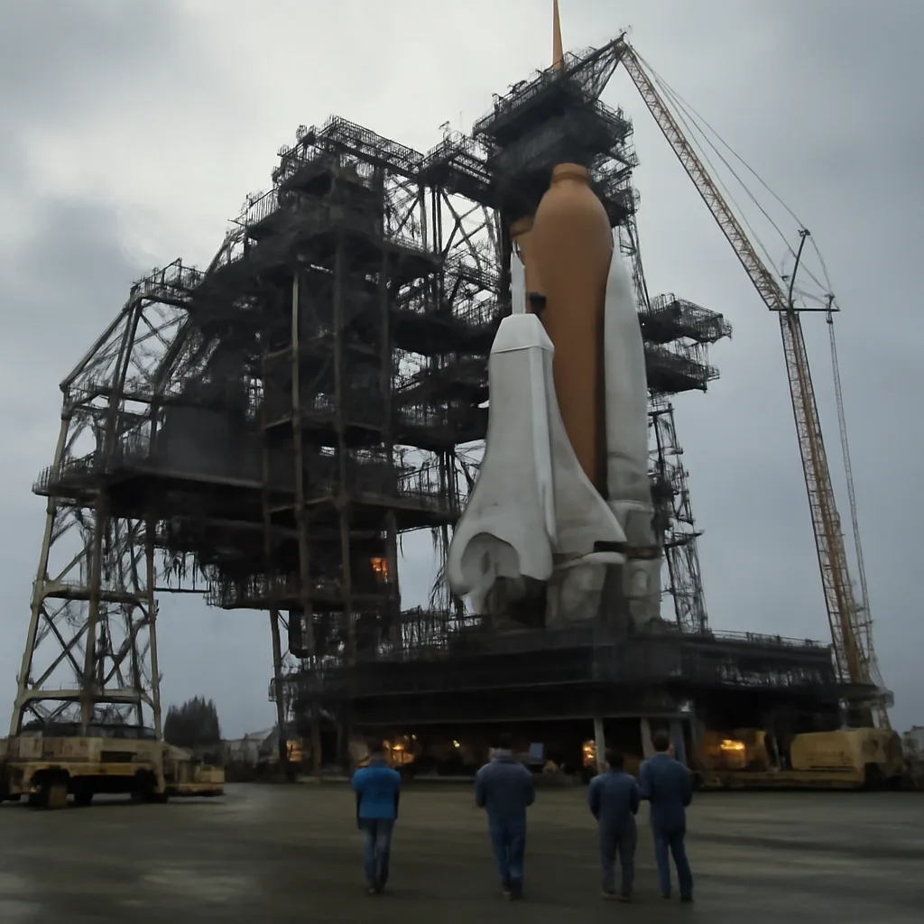 Space Shuttle on the launch pad with ground crew and engineering equipment nearby, viewed from a low angle; scene conveys post-accident testing and inspection activity at a 1980s launch complex.