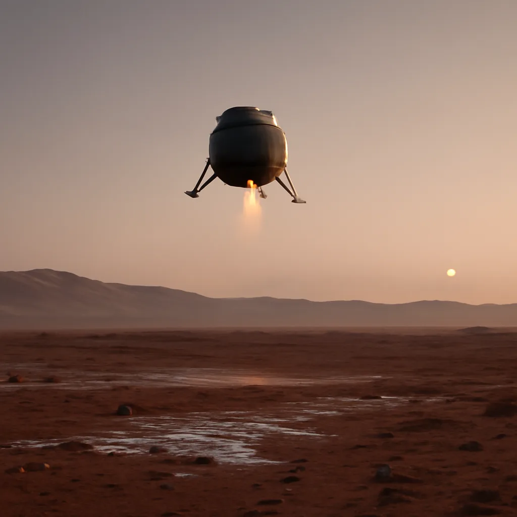 An artist’s respectful depiction of the Mars Polar Lander approaching the Martian southern polar region over a rocky, ice-streaked landscape under a dark, thin atmosphere.