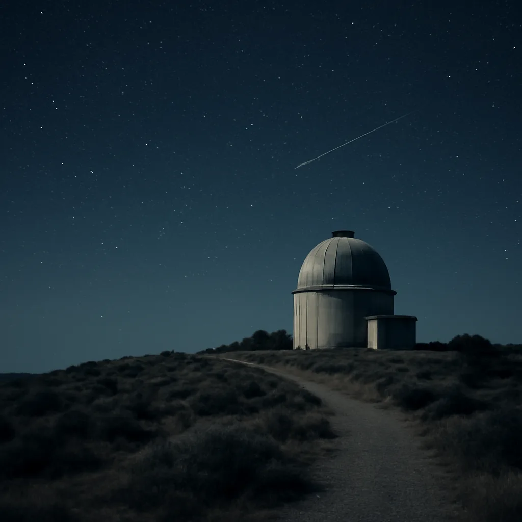 Night sky with a streaking point of light representing an asteroid passing near Earth; foreground shows a ground-based observatory dome and telescope aimed at the sky.