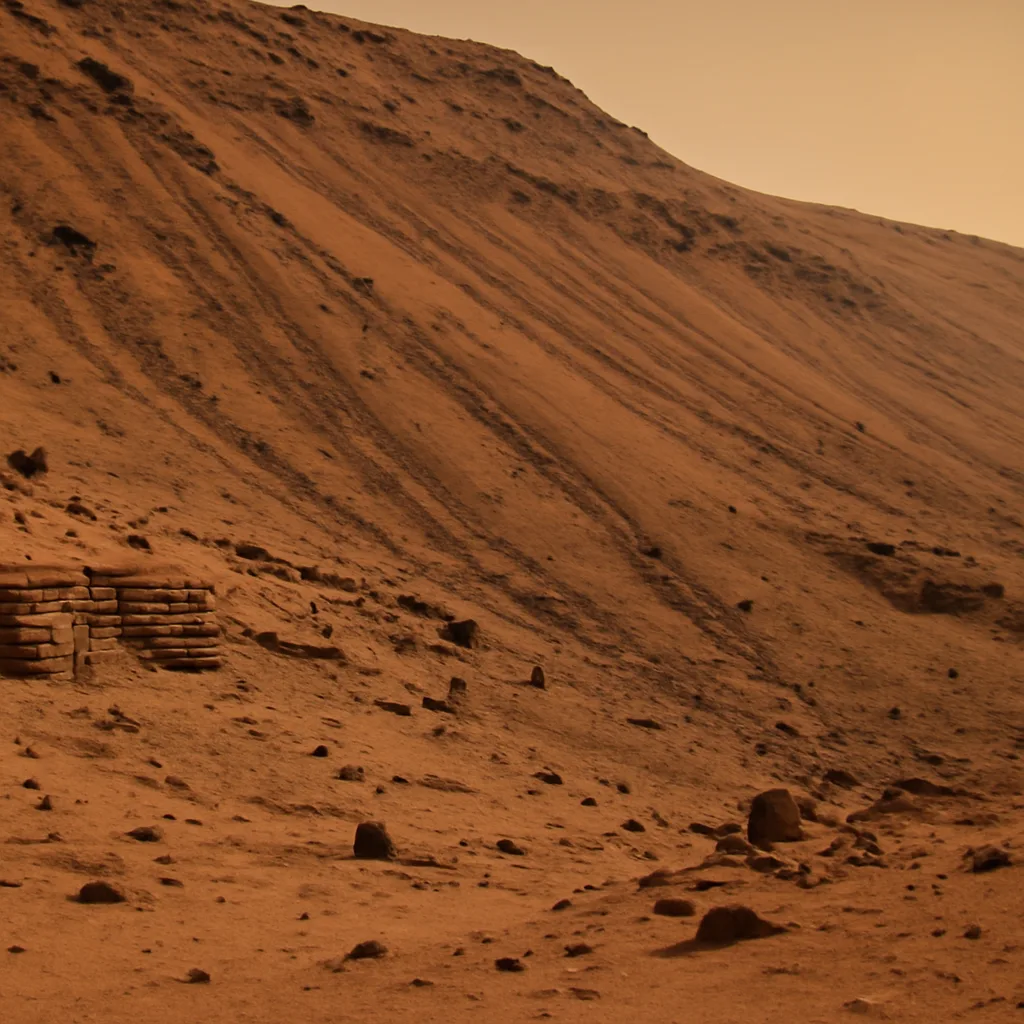 Martian steep slope with seasonal dark streaks (recurring slope lineae) visible running downslope; rocky terrain and shadowed gullies under a pale sky.
