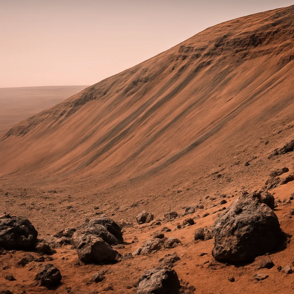 Martian steep slope with dark, seasonally recurring narrow streaks (recurring slope lineae) on reddish rocky terrain viewed from orbit; no people.