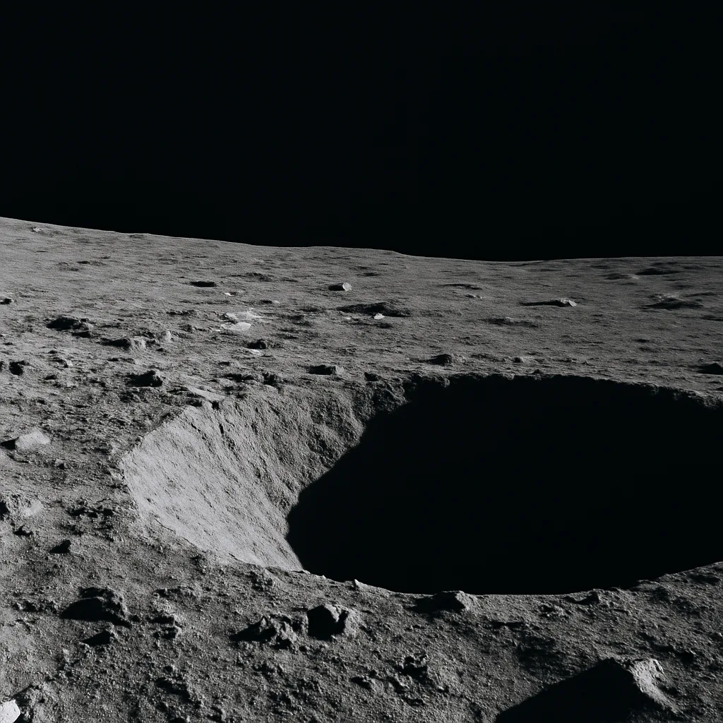 View of the Moon’s south polar region showing a steep, shadowed crater rim and sunlit lunar terrain nearby, illustrating permanently shadowed areas where water ice was detected.