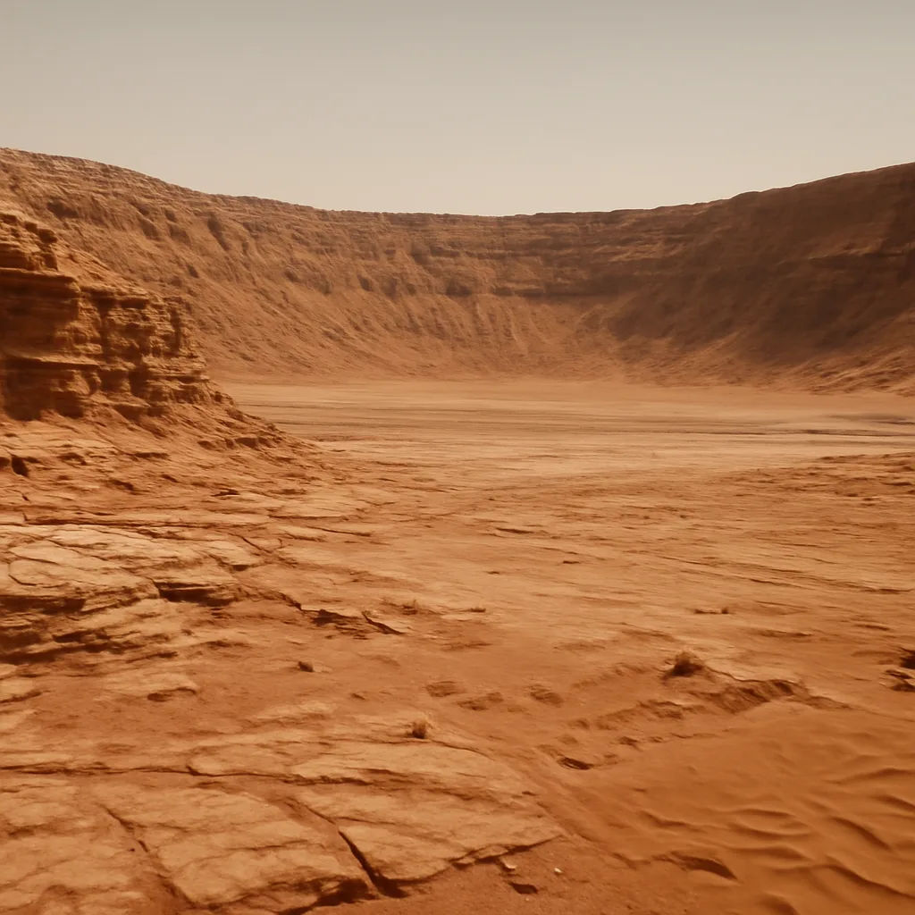 Mars landscape with layered sedimentary rocks in a crater, showing strata and dusty terrain under a pale sky.