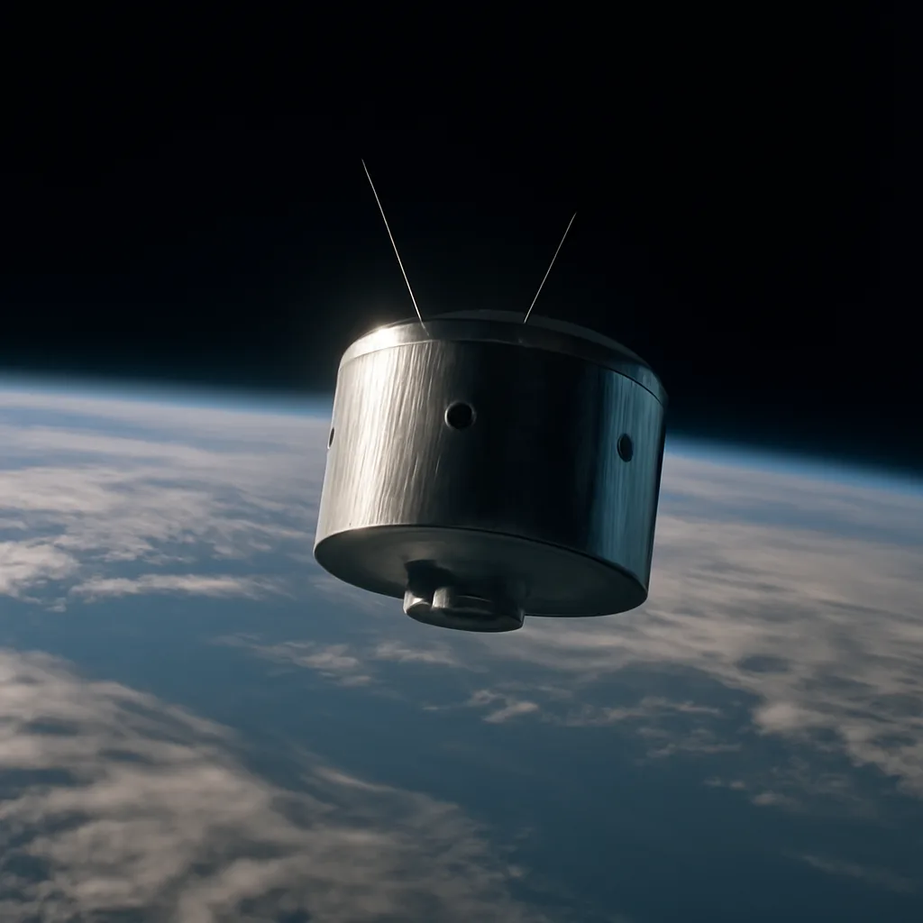 The TIROS-1 satellite in orbit depicted as a small drum-shaped spacecraft against the blackness of space with a partial view of Earth showing cloud patterns beneath.
