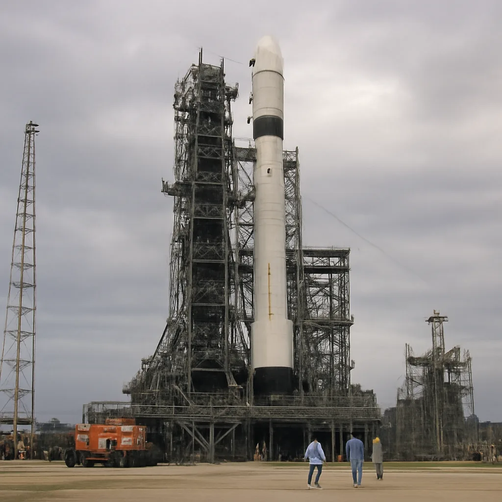 Mars Observer spacecraft being prepared for launch at Cape Canaveral in the early 1990s, showing the spacecraft on the launch pad with service structures and a Titan rocket nearby.