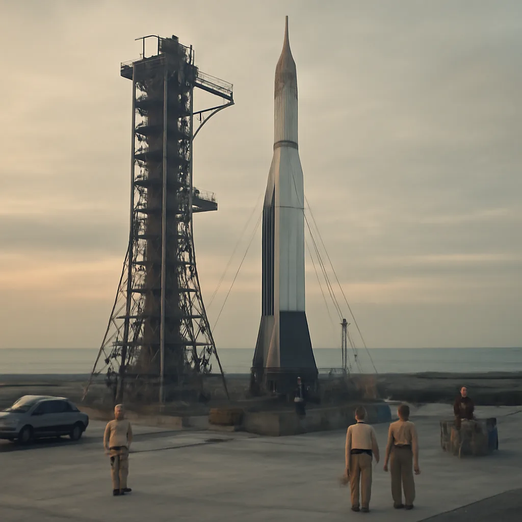 A mid-20th-century rocket standing on a launch pad at dawn, with service gantries and technicians in period coveralls; clear sky and coastal launch infrastructure visible.