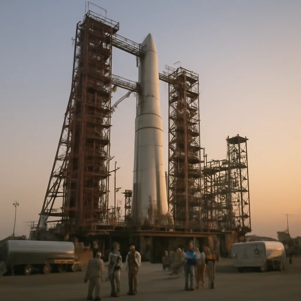Voyager 2 atop a Titan IIIE-Centaur rocket on the launch pad at Cape Canaveral, Florida, during prelaunch preparations in August 1977.