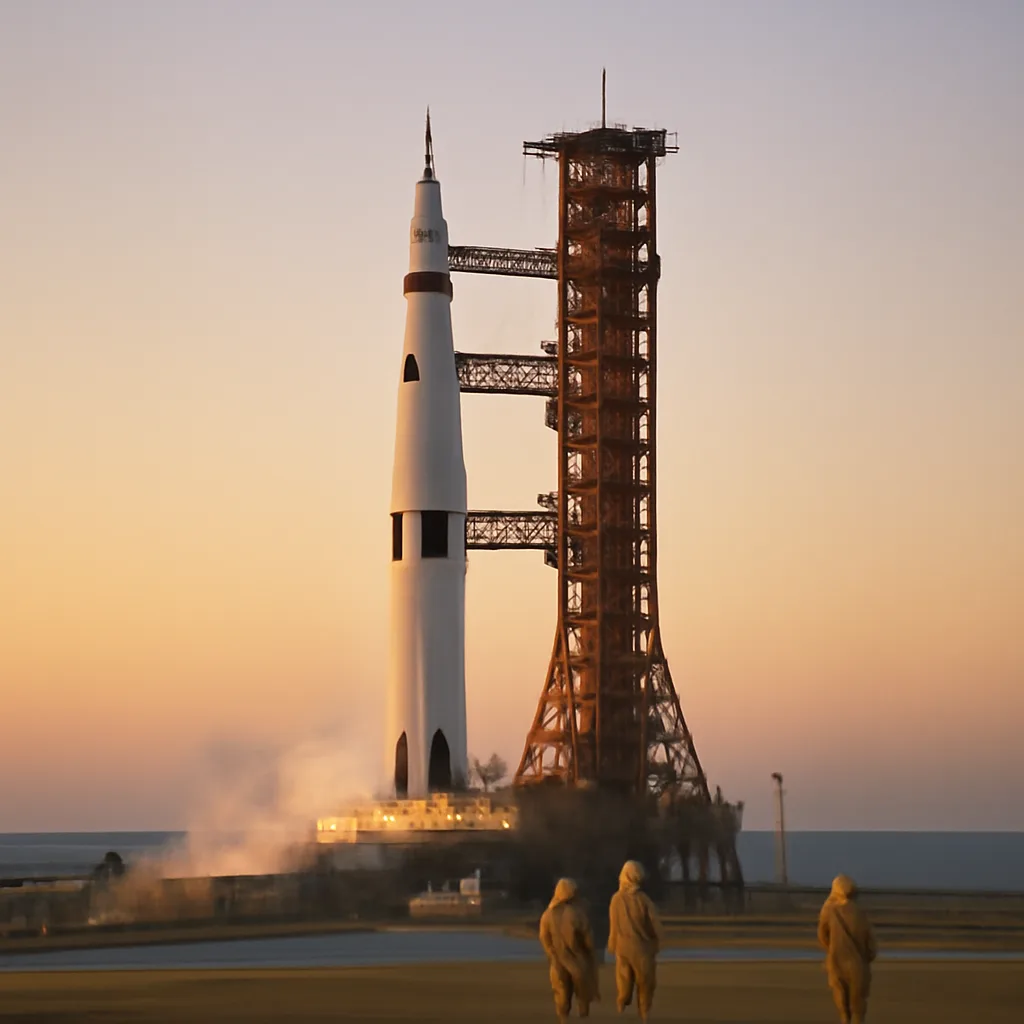A mid-20th-century-era launch vehicle on a coastal launch pad at dawn, with the spacecraft encapsulated in the rocket's fairing and support infrastructure visible.