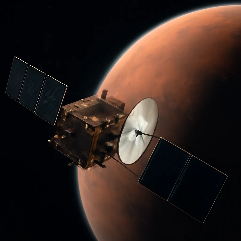 Artist concept of the Mars Climate Orbiter approaching Mars against a backdrop of space and the planet's limb, showing the spacecraft's main bus and high-gain antenna.