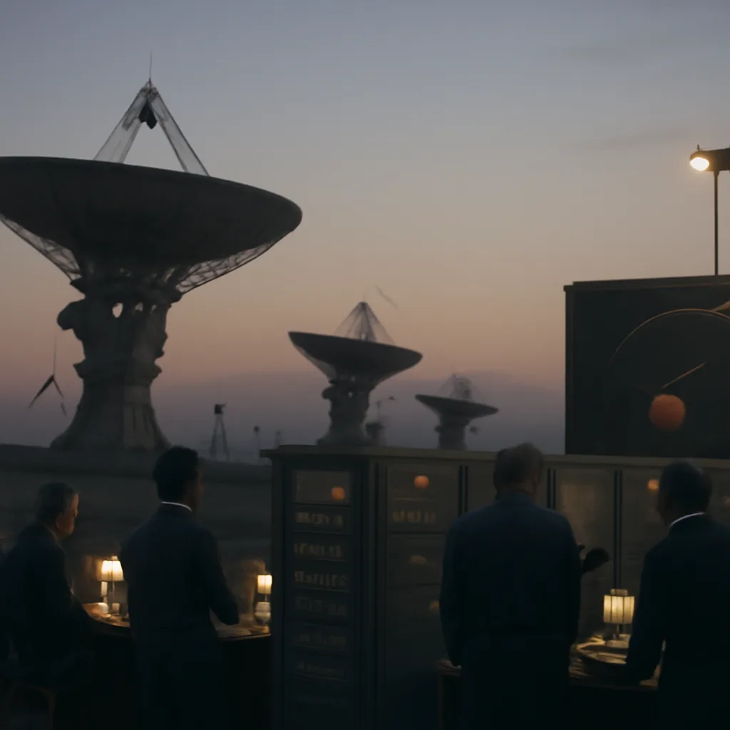 NASA ground station antenna field against a dusk sky, with a visualization of Mars and a generic satellite trajectory—depicting mission control awaiting contact with the Mars Observer spacecraft.