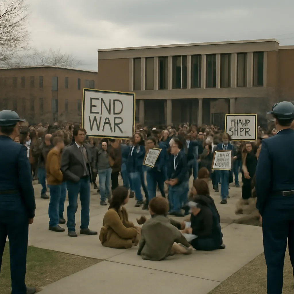 Crowd of students gathered on a university quad during an antiwar demonstration in November 1969, with police presence at the edge of the crowd and signs and banners visible.