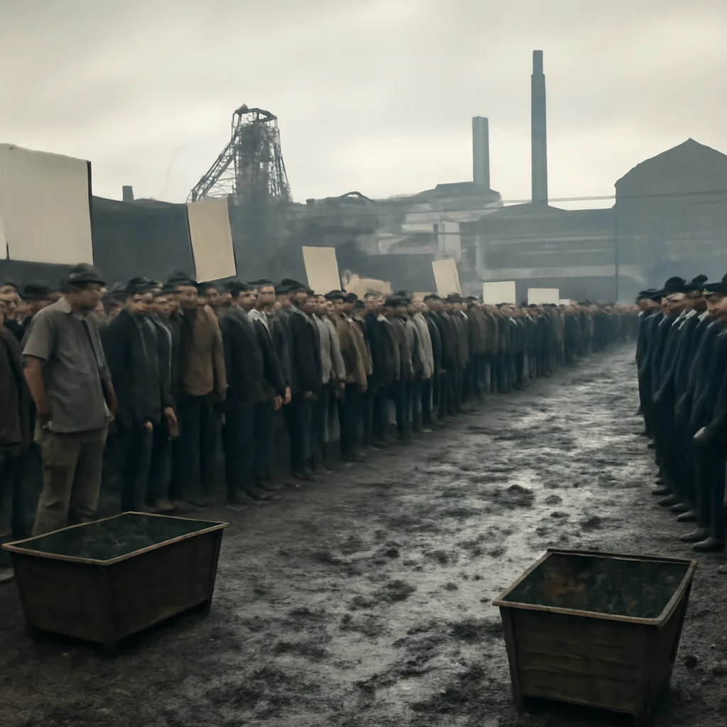 Picket line outside a UK coal mine in 1984 with miners holding banners and police presence nearby; overcast sky, coal tubs and colliery buildings visible in the background.