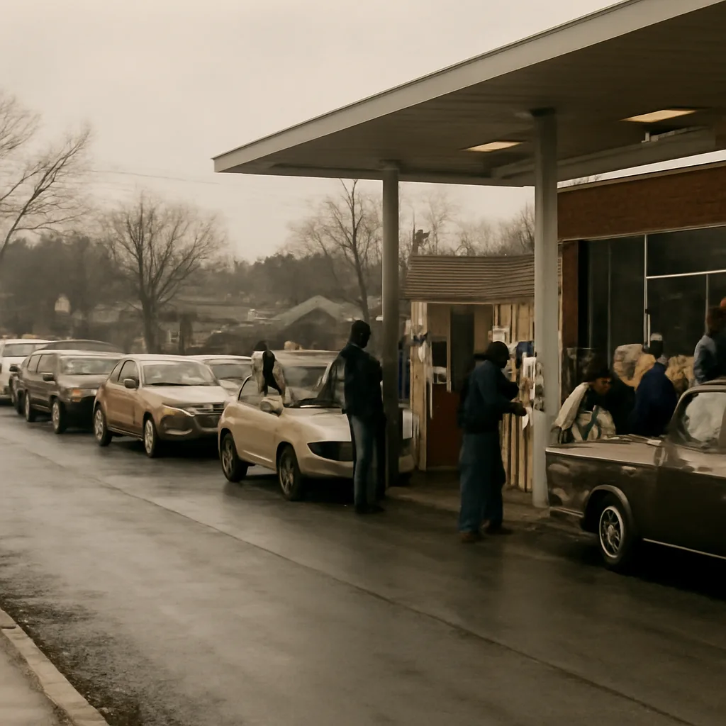Long queue of cars at a suburban U.S. gasoline station in 1973, with vehicles lined up along the street and pumps attended by attendants; visible signage indicates pump closures or limited service.