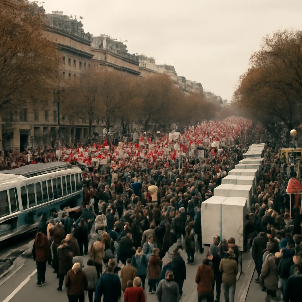 Thousands of demonstrators and striking workers gathered on a wide Parisian avenue in late September 1995, with blocked traffic and idle trams visible, banners and union flags held aloft but individual faces not emphasized.
