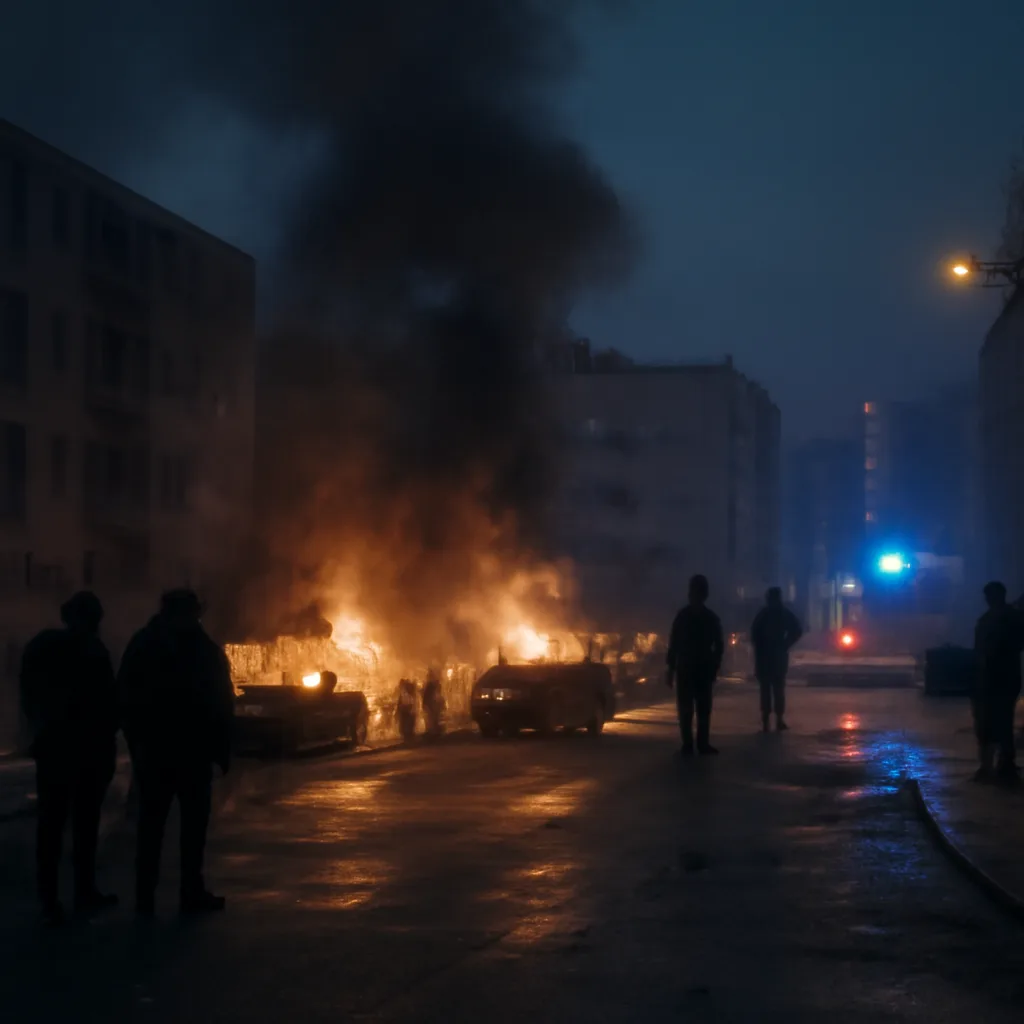 Nighttime scene of a French suburban street with smoke from burning vehicles and police vehicles present; buildings and parked cars damaged, firefighters working in the distance.