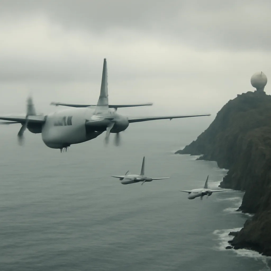 Cold War-era military reconnaissance aircraft shadowed by fighter jets over open sea near a Soviet coastline, with overcast sky and a tense, austere atmosphere.