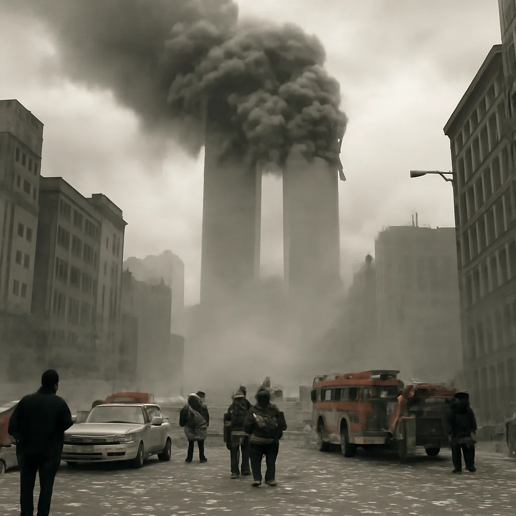 Smoke and debris rising from the collapsed World Trade Center towers in Lower Manhattan after commercial airliners were flown into the North and South Towers on September 11, 2001.