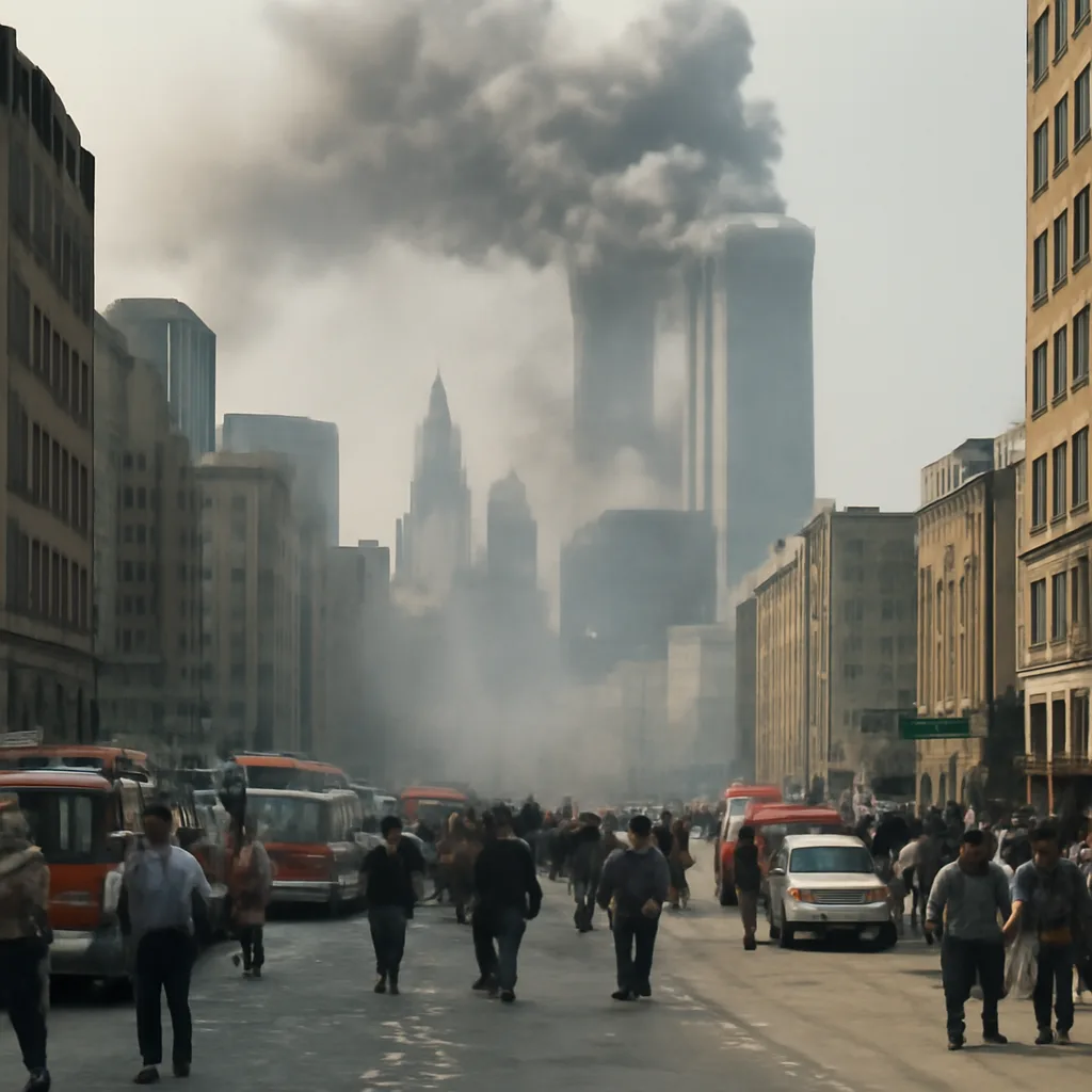 Lower Manhattan skyline with smoke and dust clouds rising from the site of the collapsed Twin Towers, emergency vehicles on streets below and people evacuated from nearby buildings.