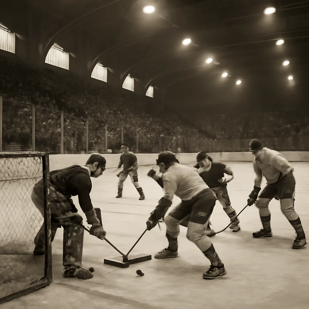 Black-and-white scene of a 1930s indoor ice hockey rink during play, with players in period wool uniforms and leather gloves clustered near the goal.