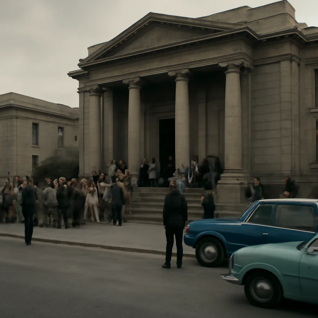 Exterior view of a 1960s South African courthouse with a group of people gathered outside, period-appropriate clothing; police vehicles from the era are nearby.
