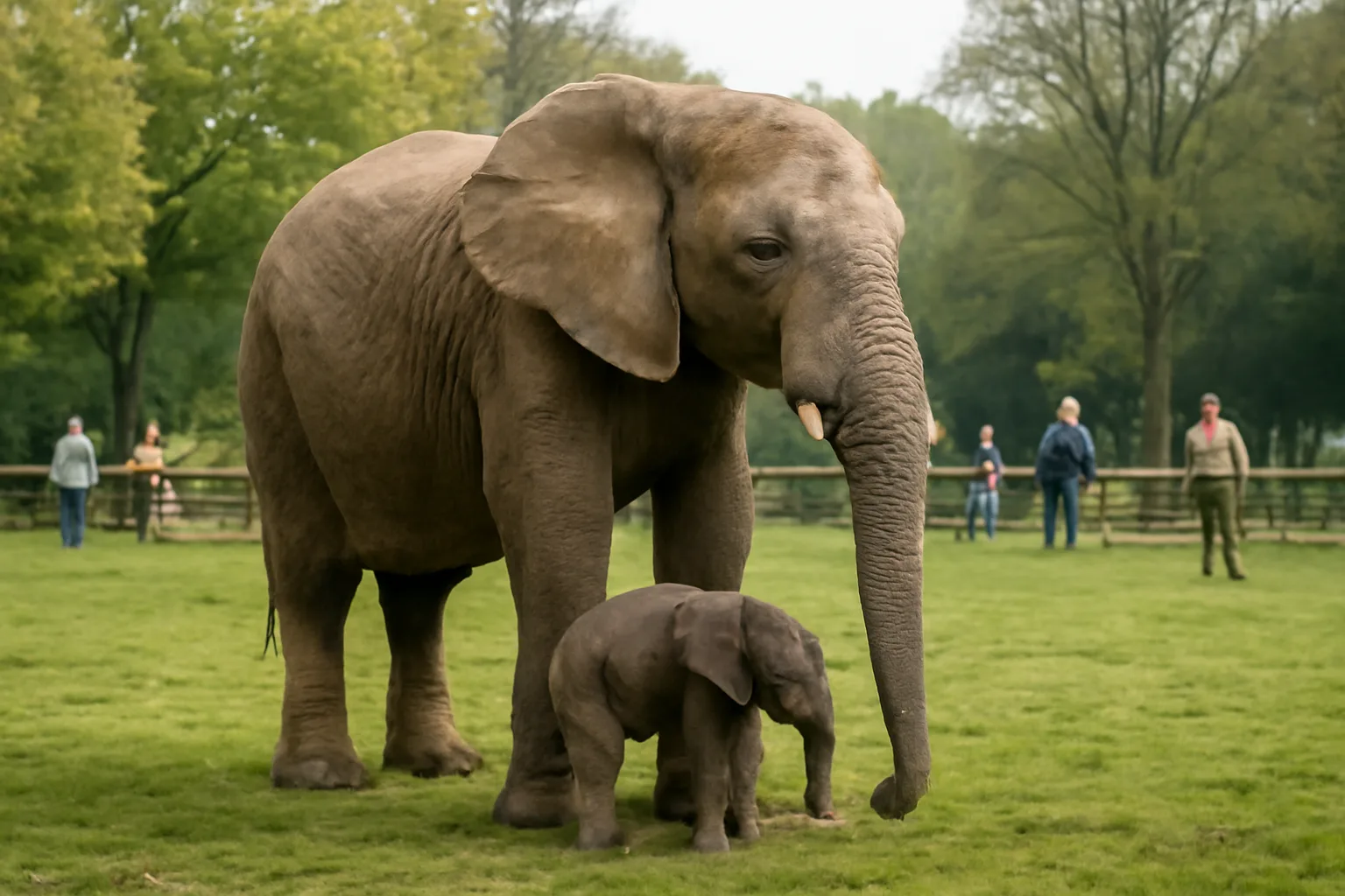 Mother elephant standing next to her newborn baby elephant in a spacious outdoor zoo enclosure with distant observers