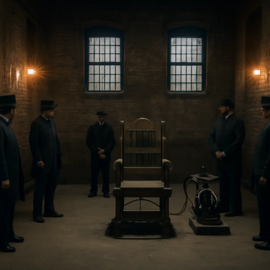 A late 19th-century prison interior showing a wooden chair wired with early electrical apparatus and attendants in period clothing gathered nearby; somber atmosphere.