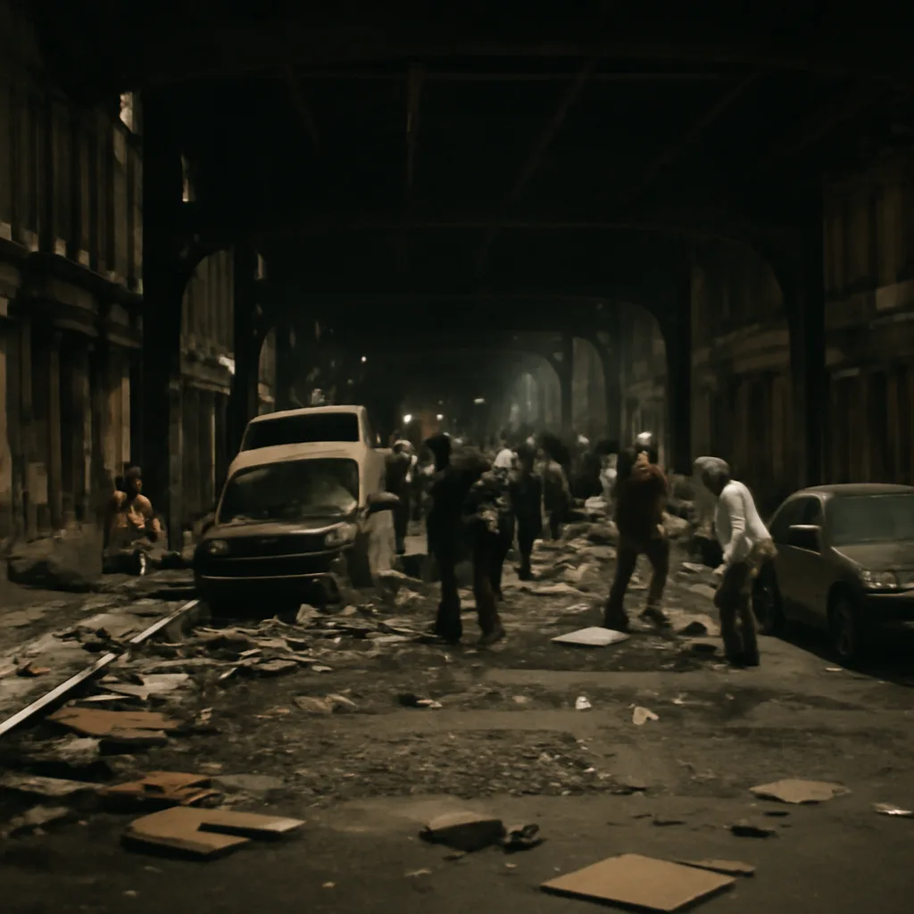 Darkened New York City street at night in July 1977 with damaged storefronts and abandoned cars, dim silhouettes of emergency responders and scattered debris.