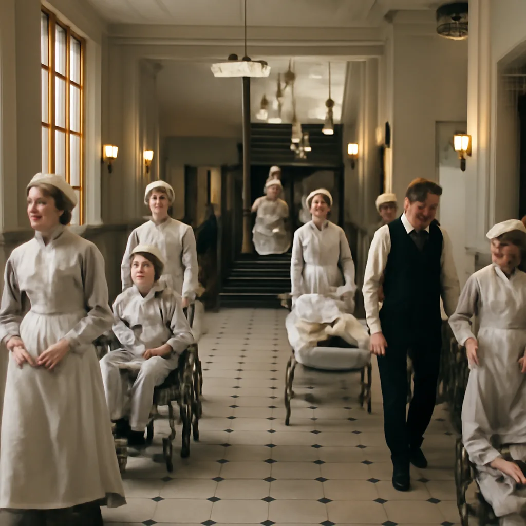 Early 20th-century hospital corridor with staff and patients moving orderly down stairs during an evacuation drill; women in period nursing uniforms and men in suits, wooden banisters and gas-style lighting visible.