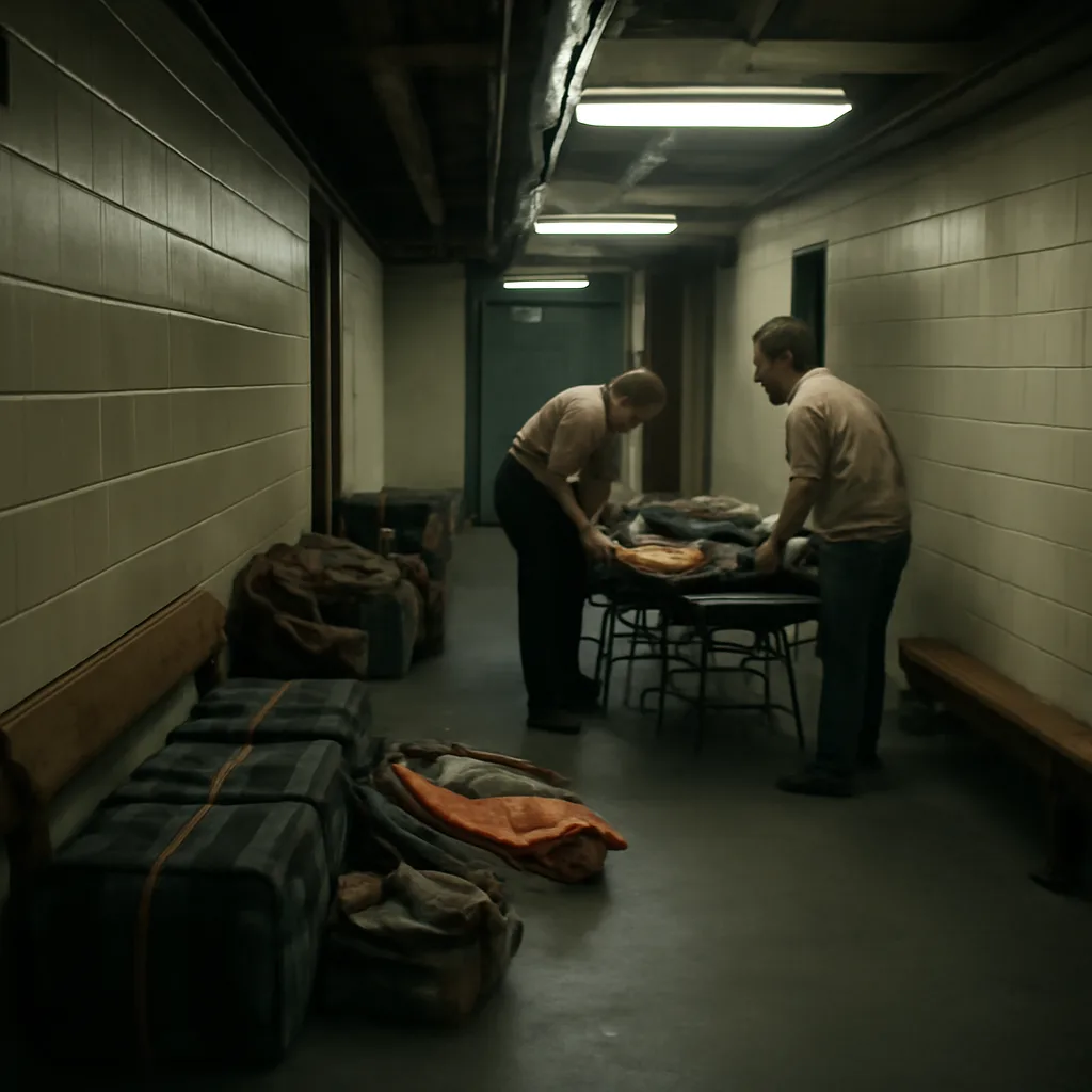 Indoor hockey arena corridor leading to team dressing room, 1980s-era uniforms and equipment visible, stretcher and medical staff in doorway.