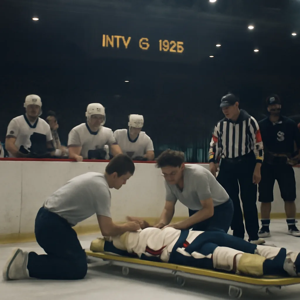 1980s indoor hockey arena bench area with trainers attending to an unconscious player being prepared for stretcher removal; teammates and officials nearby, viewed from the stands.