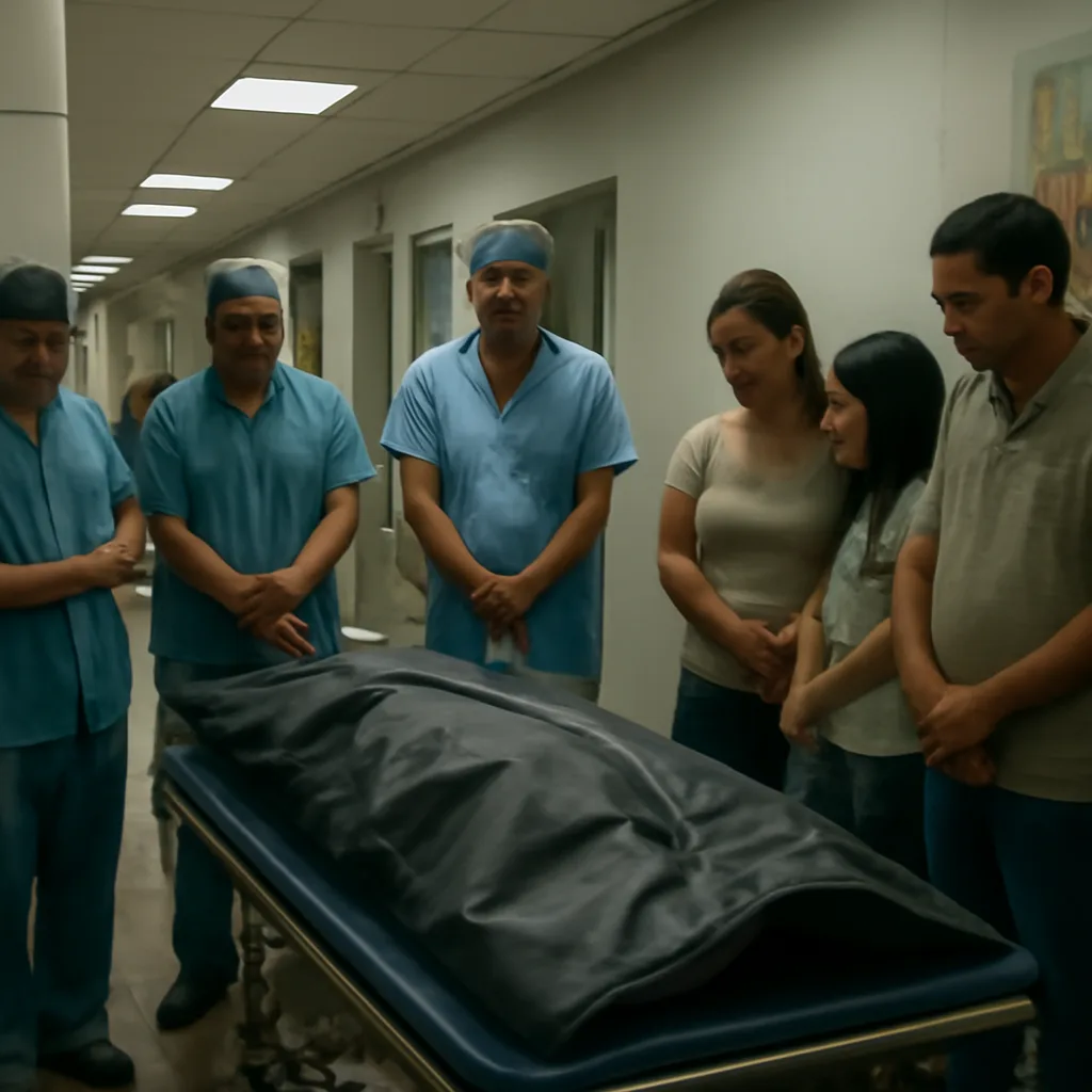 A covered stretcher or gurney in a modest Nicaraguan hospital corridor, with emergency staff and family members nearby; scene shows medical equipment and subdued activity.