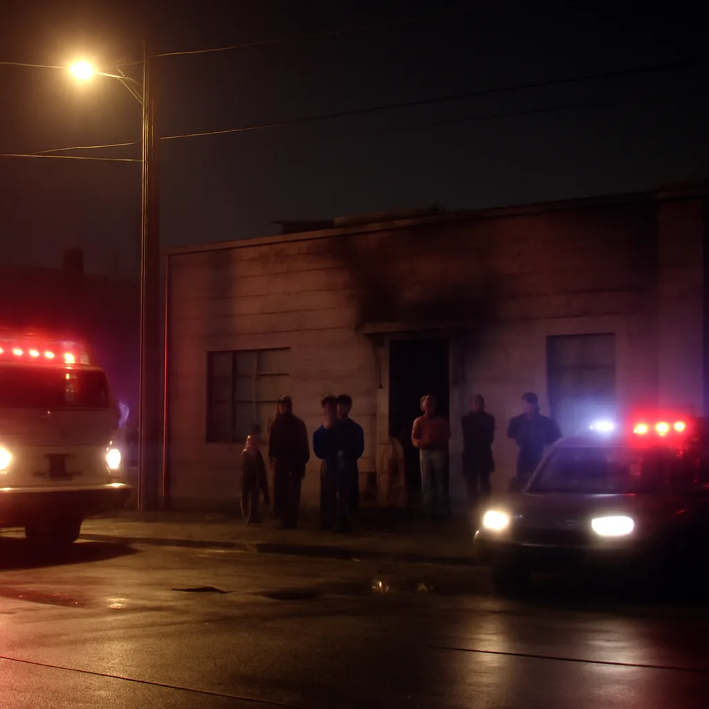 Exterior of a small converted nightclub building at night with emergency vehicles and flashing lights at the scene; crowd control barriers and responders visible.