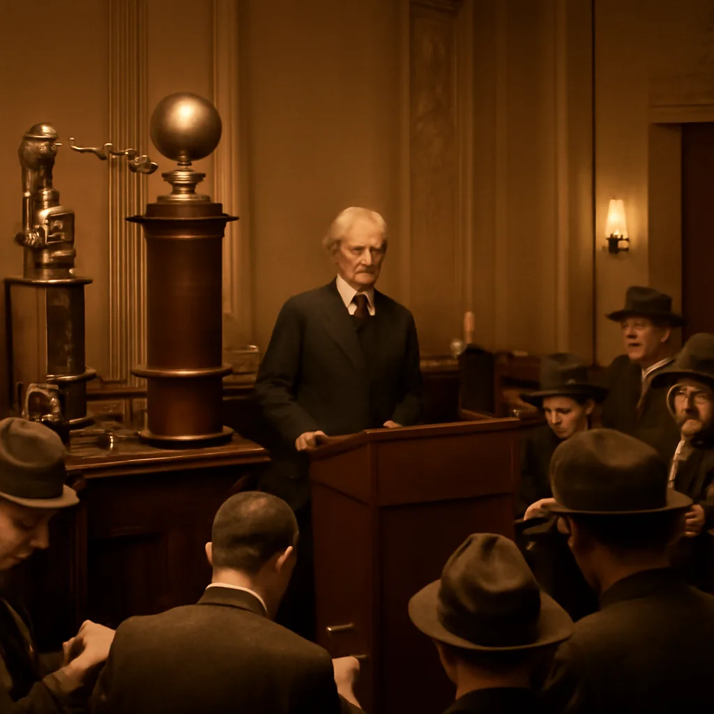 1930s indoor press conference scene with an older Nikola Tesla speaking beside early electrical equipment and journalists with notebooks and cameras.