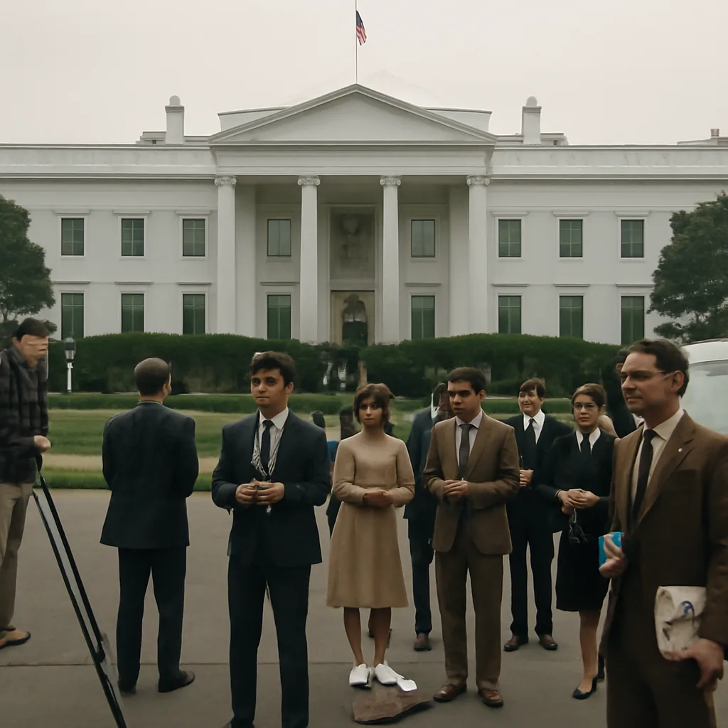 White House broadcast setting in August 1971: an exterior view of the North Portico with a television camera and journalists on the lawn, late afternoon light.