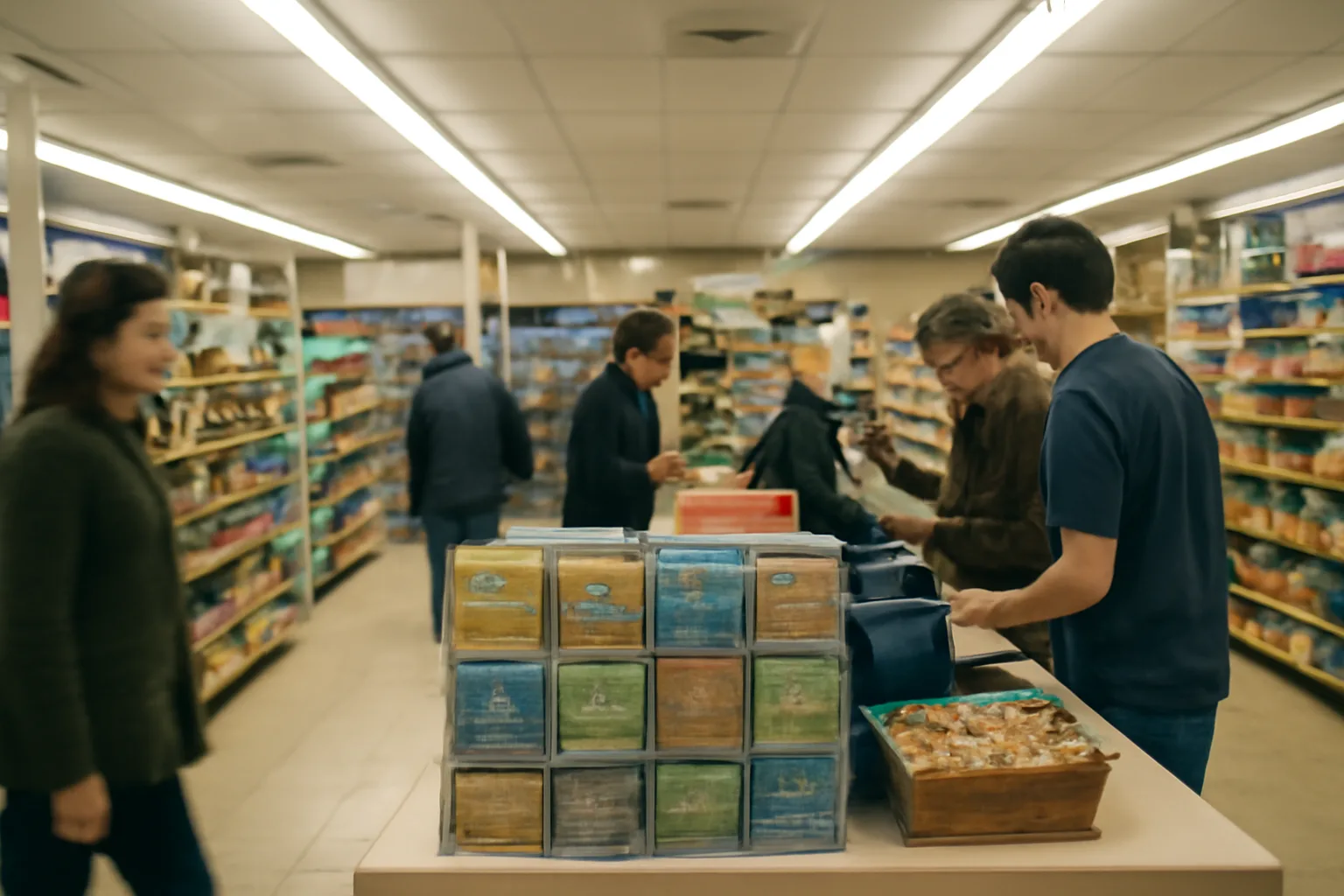 Interior of a convenience store in a small Ohio town with lottery ticket displays near the counter