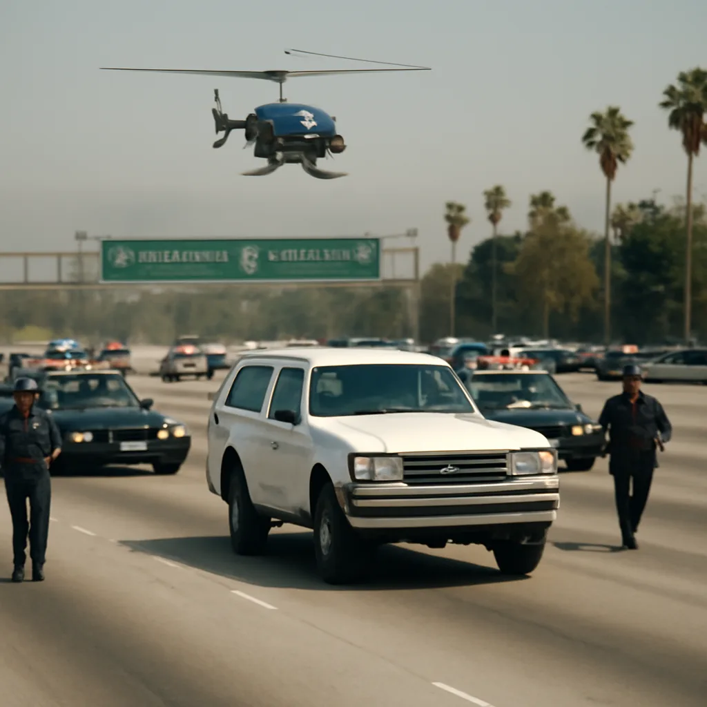 A white 1993 Ford Bronco on a California freeway during a slow police escort; police vehicles flanking the Bronco and television news helicopters overhead, daytime scene.