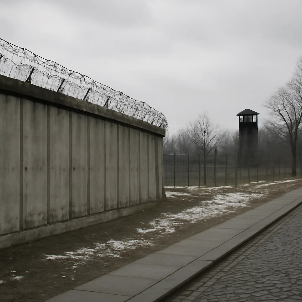 Section of the Berlin Wall with watchtower and border fortifications as seen in winter, showing barrier, fence, and open no-man’s land without identifiable faces.