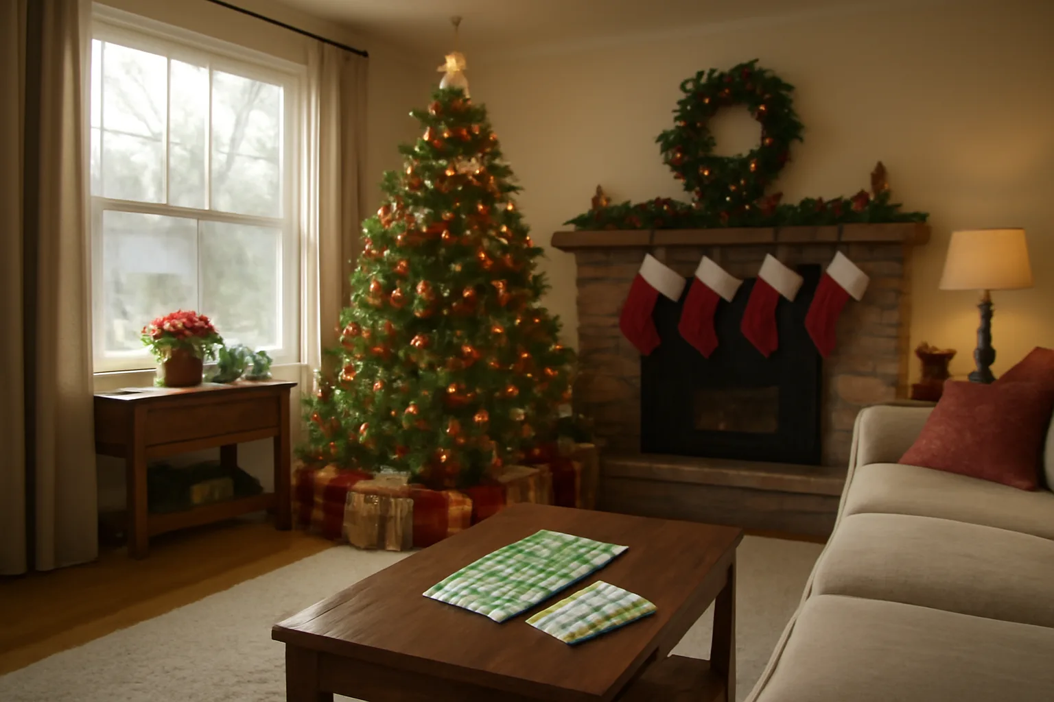 Cozy Ohio family living room on Christmas morning with decorated tree, stockings on mantle, a scratch-off lottery ticket and cash prize on the coffee table