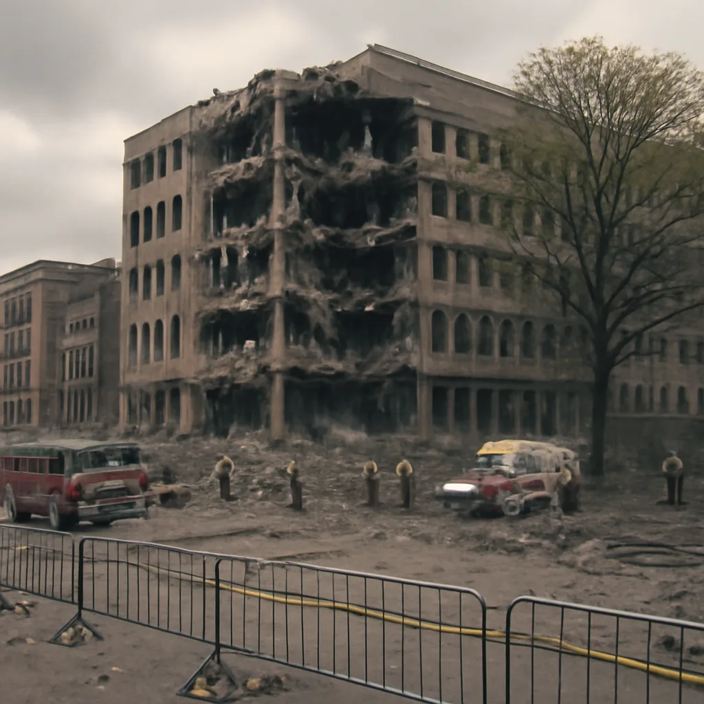 Rubble and rescue scene outside the destroyed Alfred P. Murrah Federal Building in Oklahoma City after the April 19, 1995 bombing, showing damaged structure, debris-strewn street, and emergency vehicles.
