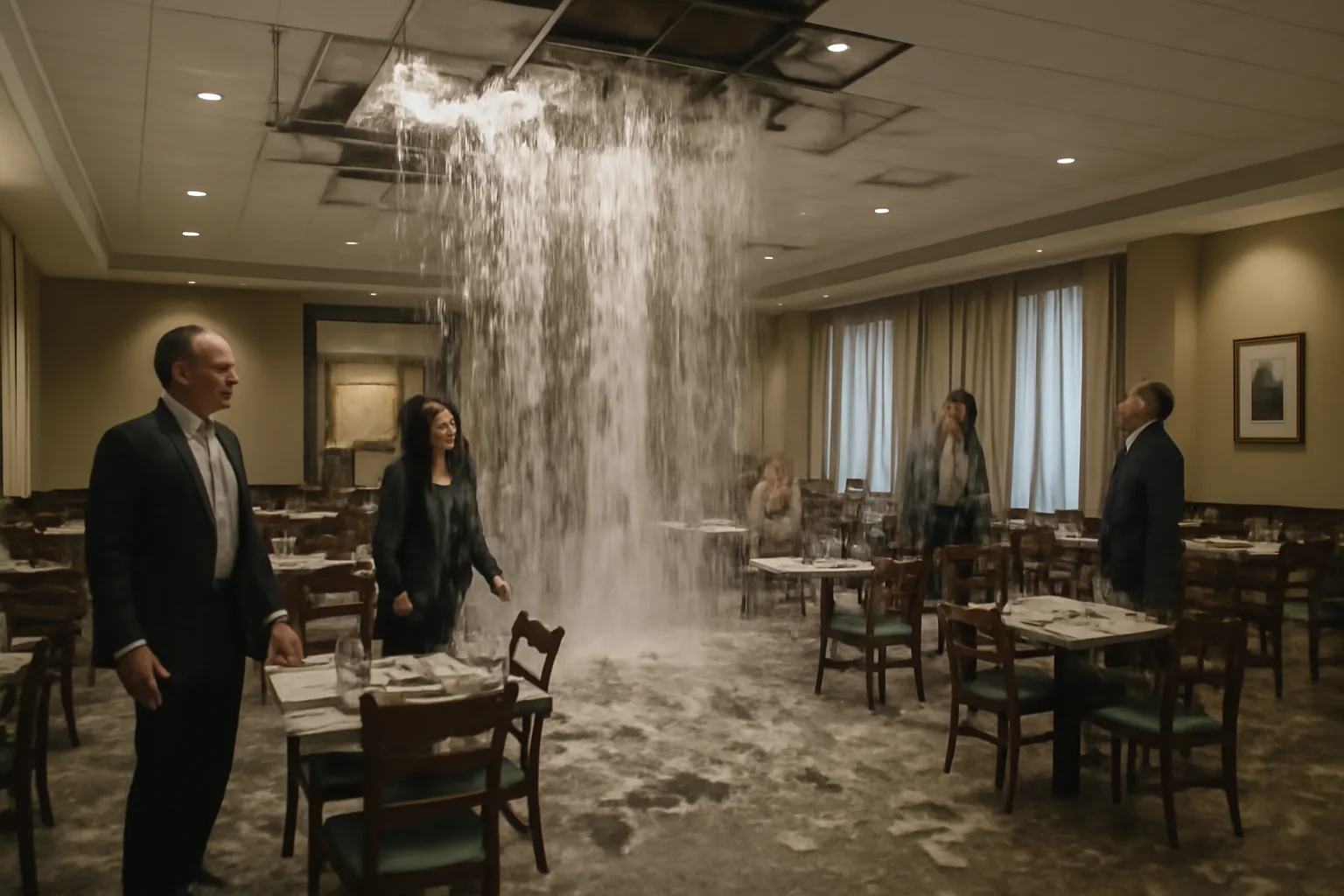 Indoor dining area of a hotel with a collapsed ceiling and water pouring down, guests looking on