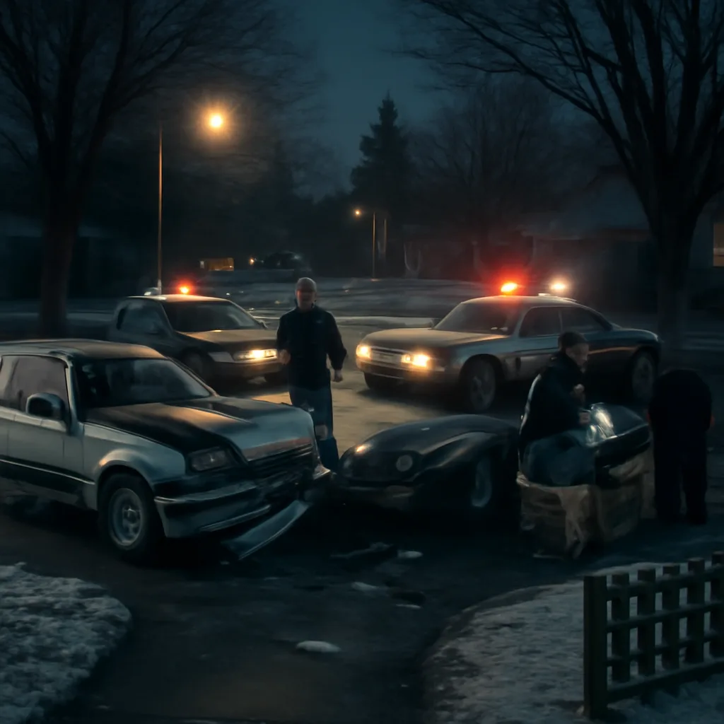 A nighttime roadside scene in late 1980s suburbia showing two damaged vehicles at the scene of a crash, emergency responders and bystanders, and snow on the ground.