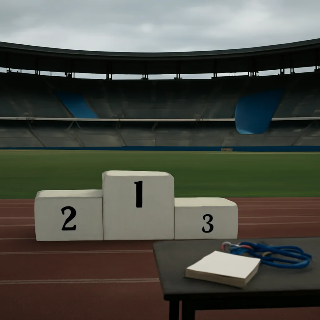 Olympic podium with empty medal places and folded event accreditation cards on a table nearby, indicating later changes to results.