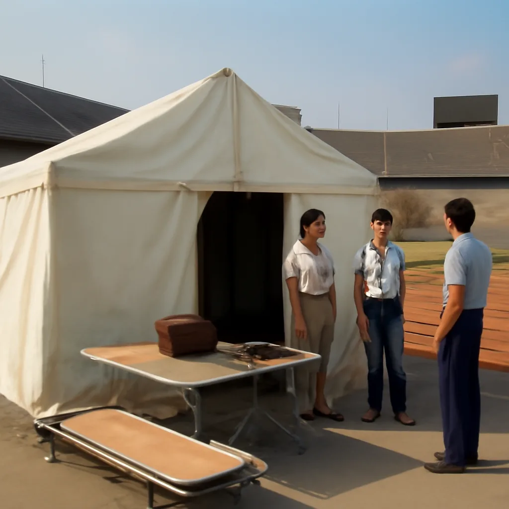 An athletics track and Olympic Village medical tent at the 1984 Los Angeles Olympics, showing medical staff and sports equipment nearby.