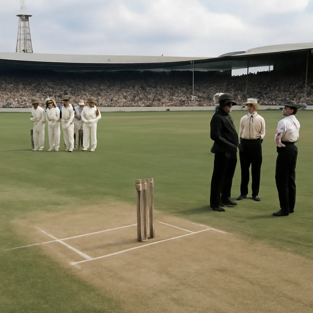 Cricket ground with match paused as officials and police speak near the umpire’s position; spectators in stands and players gathered on the field.